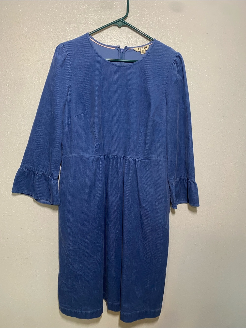 Boden Indigo Corduroy Shift Dress with Ruffle Sleeves